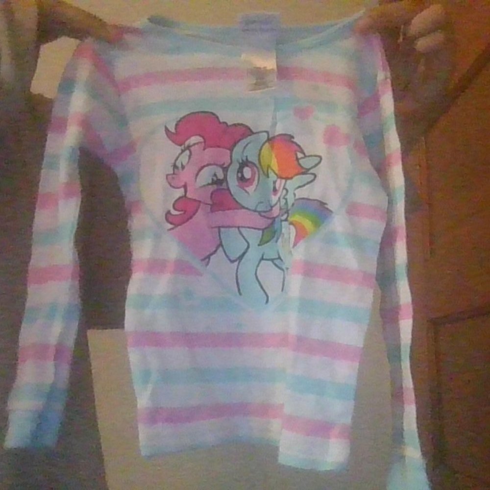 My little pony's Pinkie Pie and Rainbow Dash striped pajama shirt.